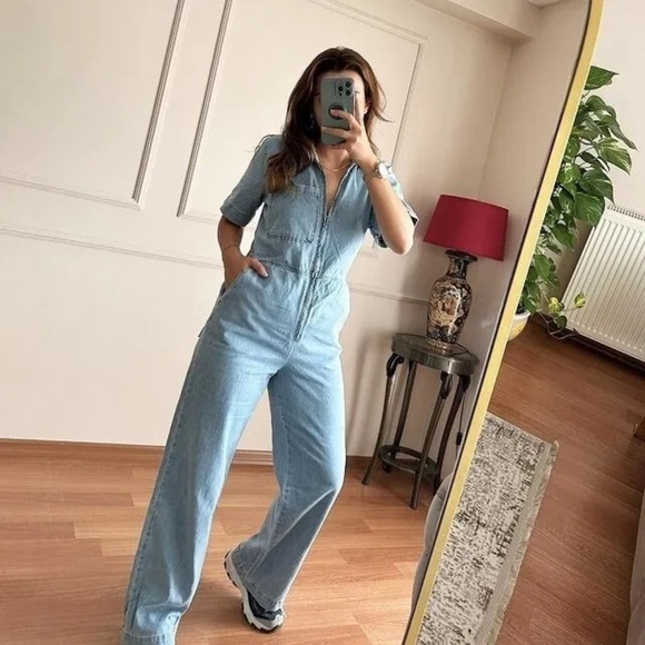Zara Denim Jumpsuit wide straight leg jeans Zipper Light wash utility 1889/159 - Picture 3 of 11